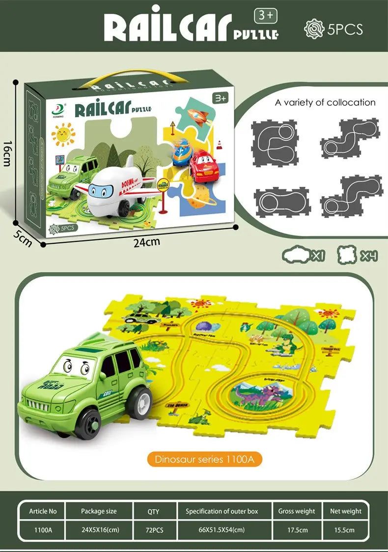 Carrito de tren de juguete verde de plástico con temática de dinosaurio, con ojos de caricatura y una cara sonriente para el set de rompecabezas de vagón de tren para pista eléctrica diy en la escena educativa de la ciudad.