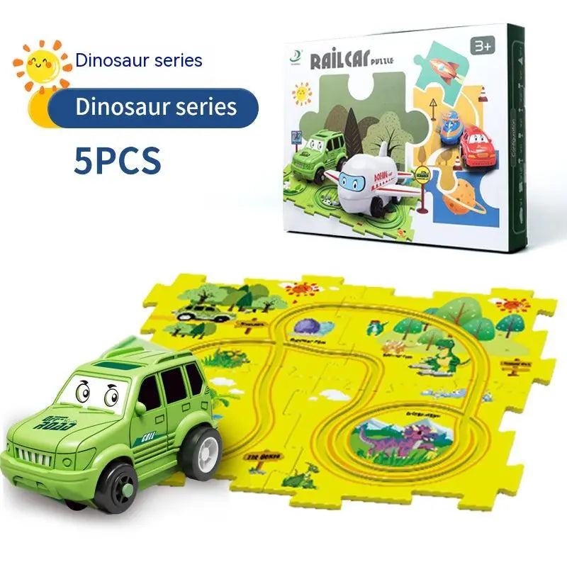 Coche de rompecabezas para pista eléctrica diy verde de plástico con ojos de caricatura y ruedas negras para jugar en una escena educativa de la ciudad.