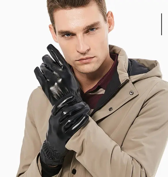 Mens black leather winter gloves warm pu showing the back side with a subtle embossed pattern on glossy leather
