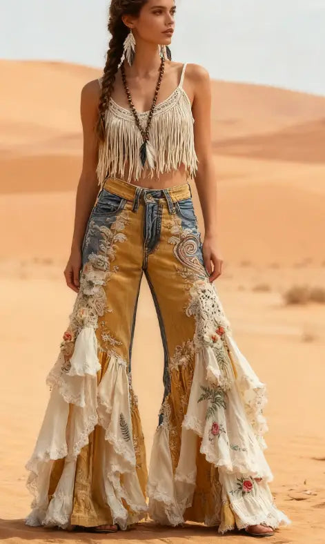 Bestickte ausgestellte Hosen mit hoher Taille aus Retro-Denim in senfgelbem Denim mit floral verzierten, mehrlagigen Volants, weißer Spitze und bestickten floralen Details.