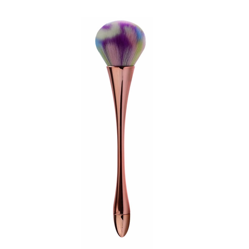 Professional makeup brush with a rose gold handle and vibrant multicolored bristles featuring swirls of purple blue and green designed for flawless powder application.