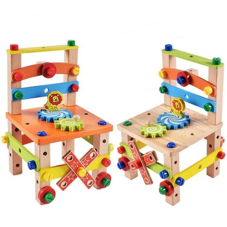 Conjunto de juguete de construcción con silla de bloques de madera que incluye componentes coloridos de silla de construcción infantil en naranja, azul, verde y amarillo vibrantes.