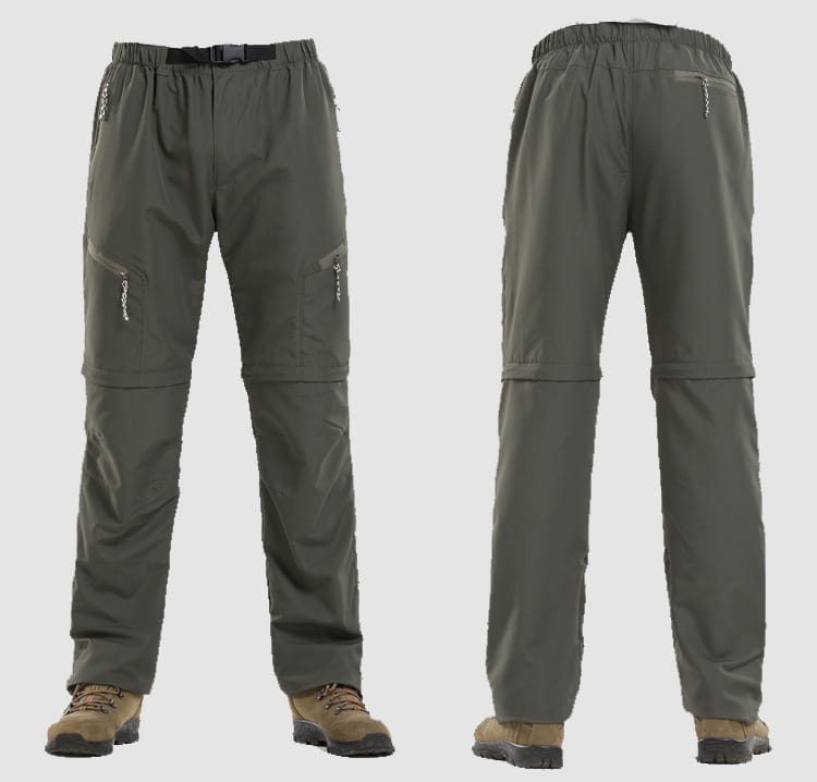 olive green convertible tactical hiking pants with elastic waistband and multiple zippered pockets designed for outdoor activities