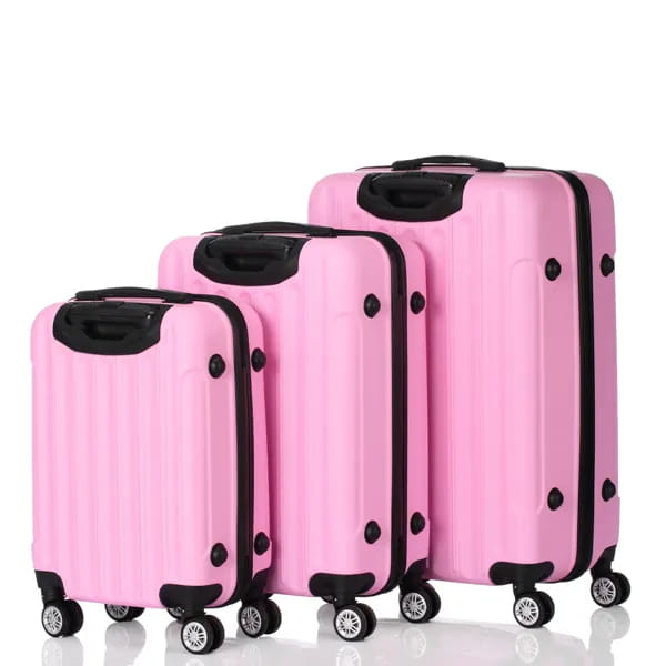 set of three pink hard shell suitcases with black trim and wheels featuring a large capacity design for versatile travel use