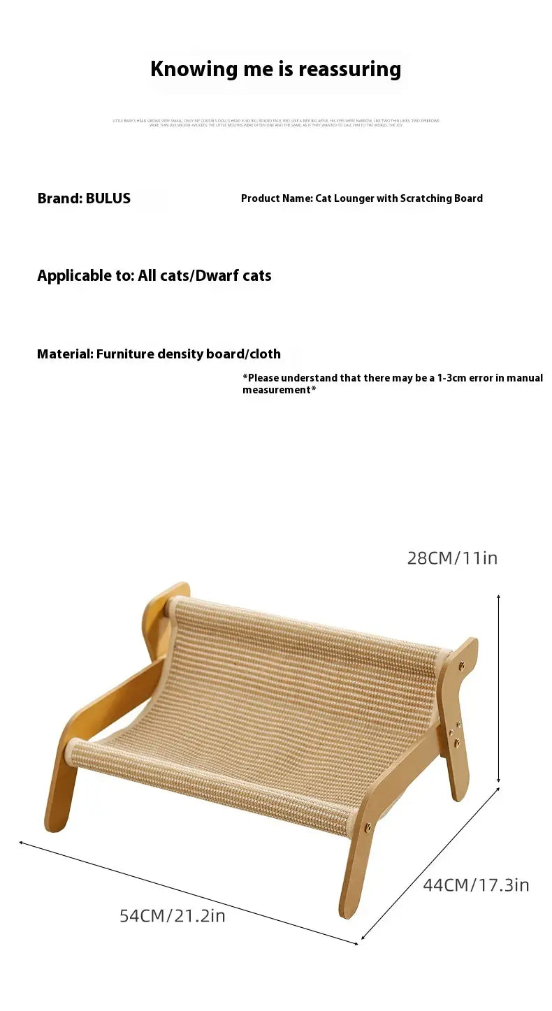 Camita reclinable Bulus con tabla de rascado, con asiento de cuerda beige trenzada y estructura de madera color claro, en un nido cama tipo sillón reclinable de ratán con tabla de rascado para gatos.