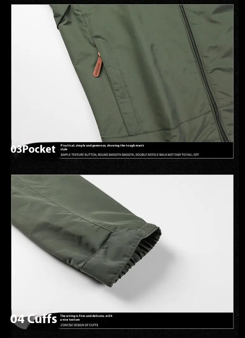 Chaqueta de senderismo con capucha impermeable color verde oliva que presenta un diseño táctico texturizado sencillo, con botones redondos lisos y cinturilla de doble costura