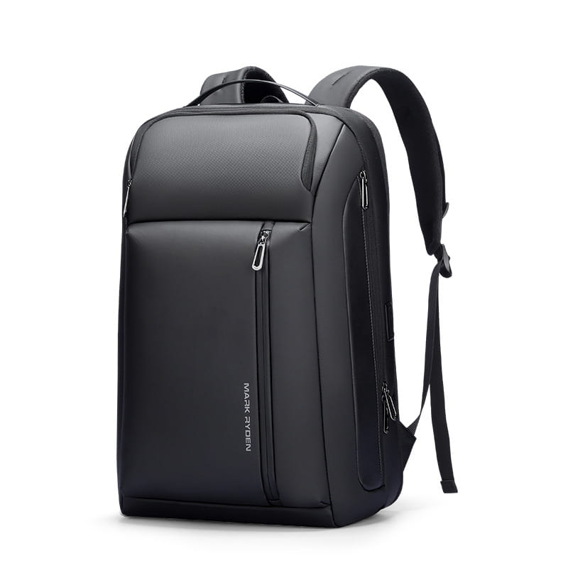 schwarzer Mark Ryden Business-Reise-Laptop-Rucksack aus elegantem Oxford-Material mit mehreren Reißverschlussfächern und modernem Design.