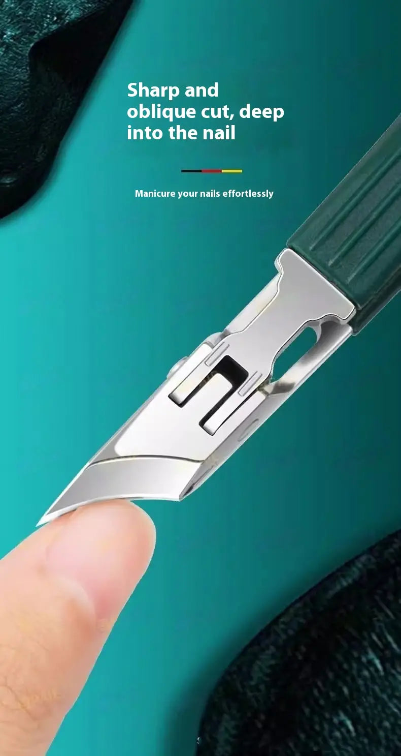 silver metal nail clipper with a green textured handle and an oblique cutting blade designed for precise manicure from the bevel nail clippers 3 piece anti splash set
