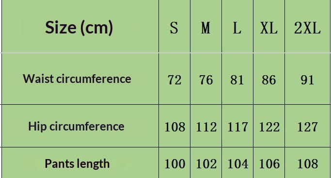 The image displays a pants size chart with waist, hip, and length measurements in centimeters for the half zip athletic sweatsuit printed set.