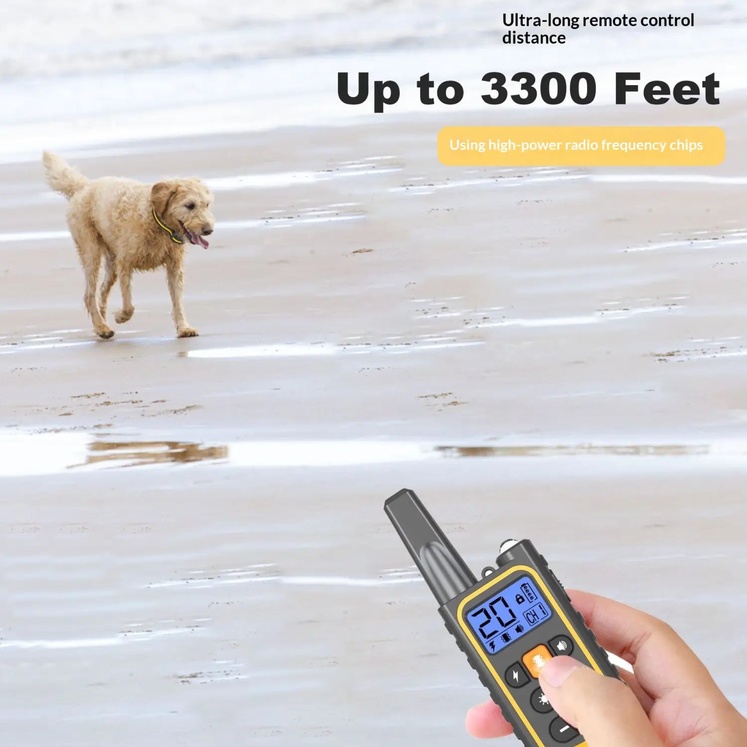 Black and yellow remote dog trainer with digital display showing 20 seconds for anti bark dog training collar with remote.