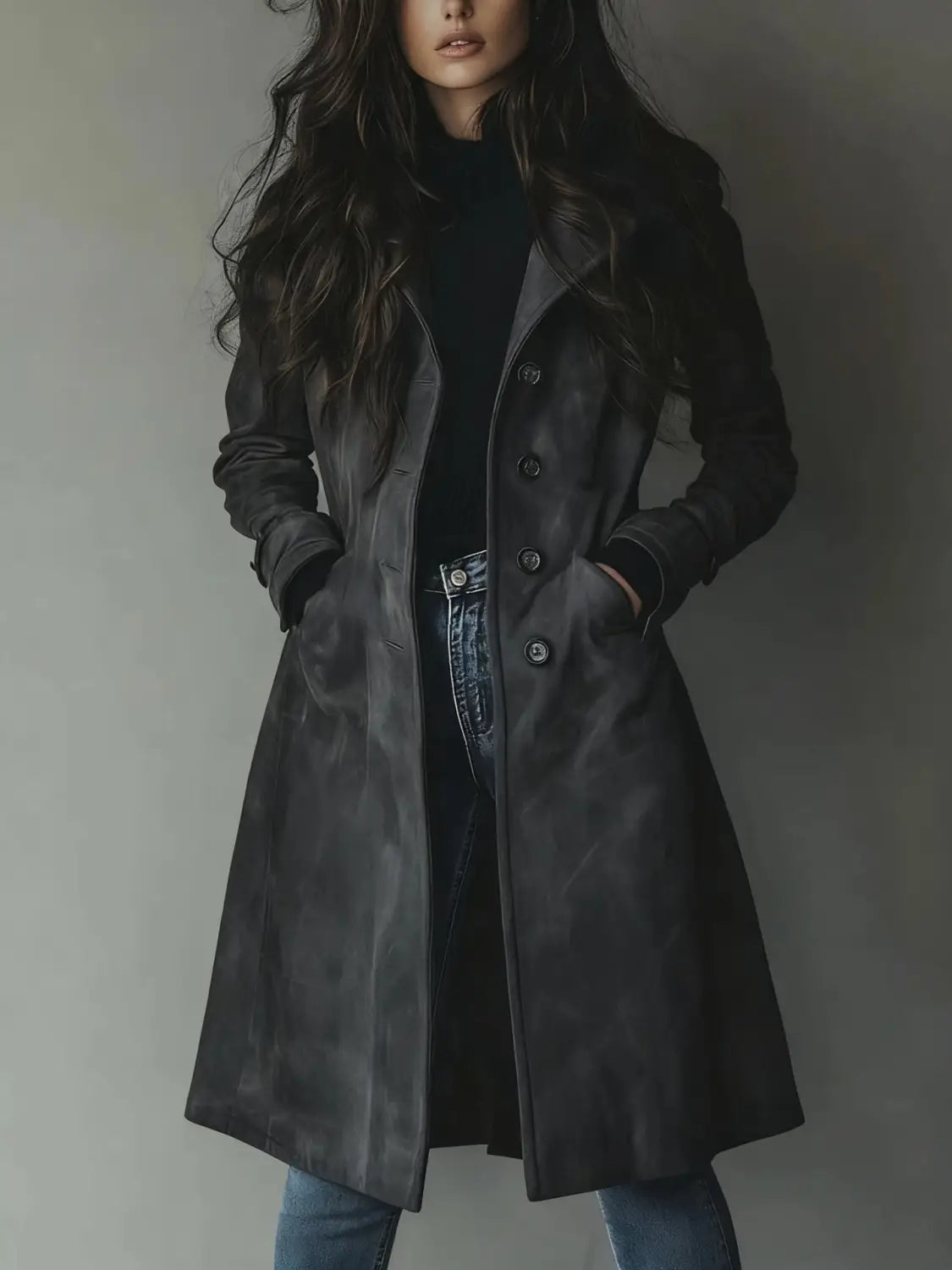 Manteau long en trench-coat western pour femmes en gris foncé, avec une finition texturée subtile et une fermeture à boutons classique.