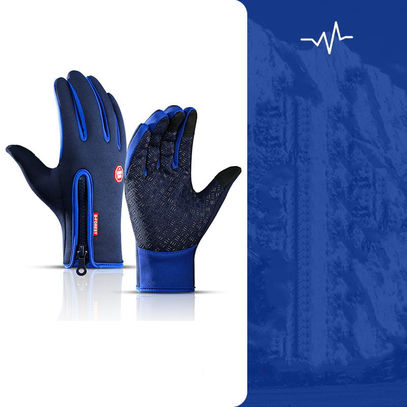 Blue and black insulated windproof touchscreen winter gloves for men and women with a textured grip on the palm and a zipper pocket at the wrist.