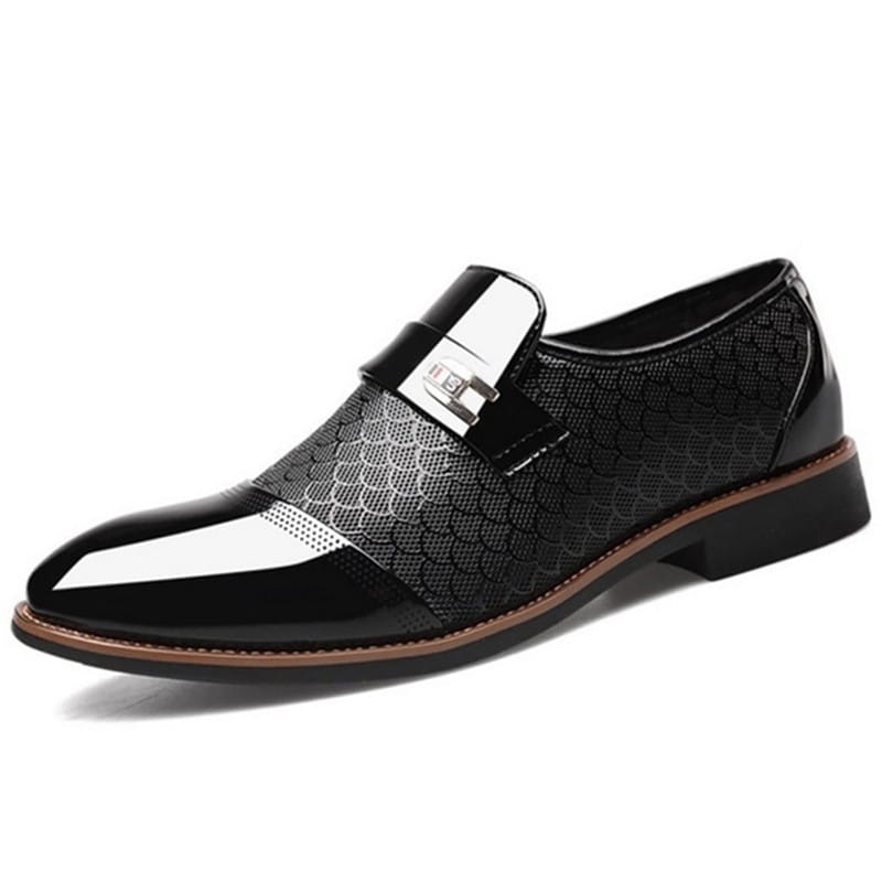 Warm high top black PU leather vulcanized shoe featuring a burgundy patent leather slip-on with white glossy toe cap and silver buckle.