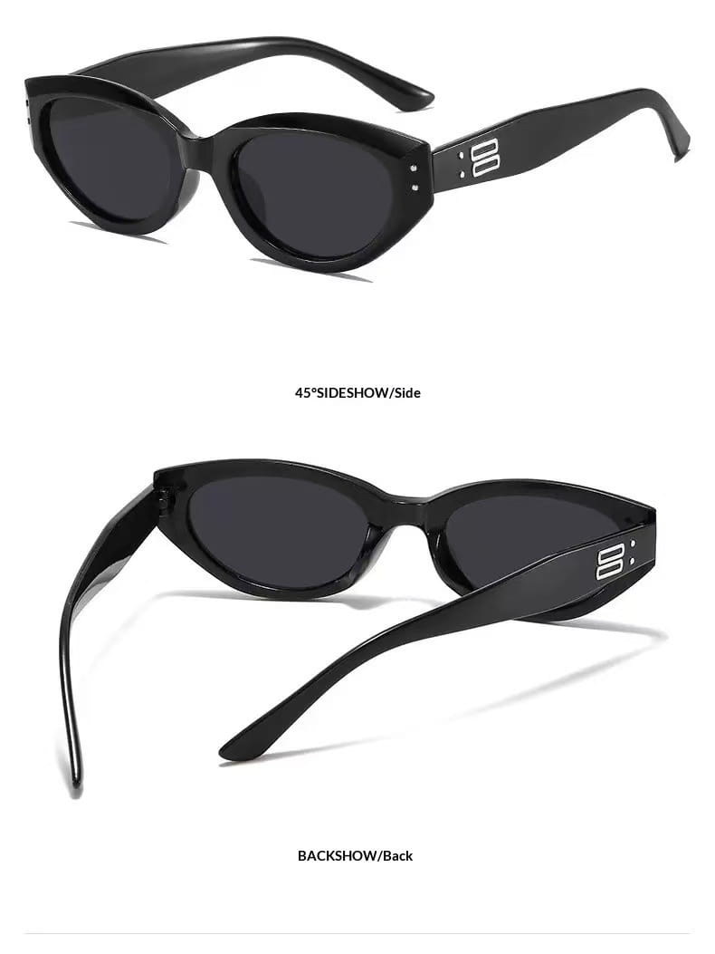 Black cat-eye uv400 sunglasses with dark gray lenses and a sleek glossy plastic frame featuring a minimalist white logo on the temple.