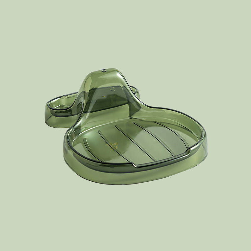 Durchsichtiger olivgrüner Kunststoff-Topfdeckelhalter für Arbeitsplatten-Organizer-Regal mit geschwungenem ergonomischem Design und integrierten Entwässerungsschlitzen