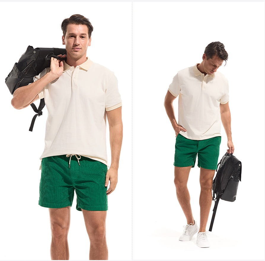 Men off-white cotton polo shirt with short sleeves and collar paired with casual summer cotton corduroy drawstring shorts.