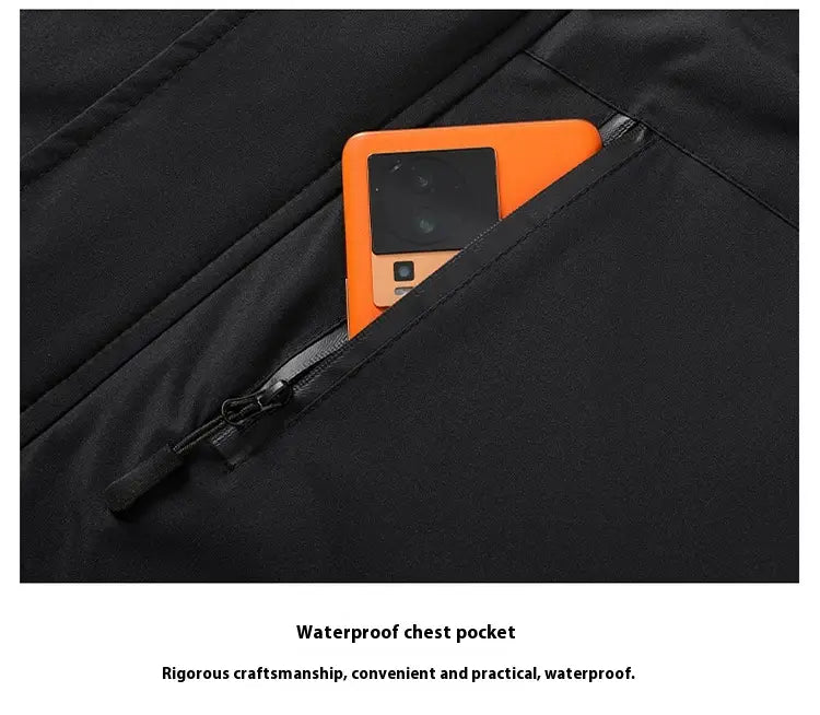 men plus size warm winter hooded jacket featuring a black waterproof chest pocket with a zipper holding an orange device