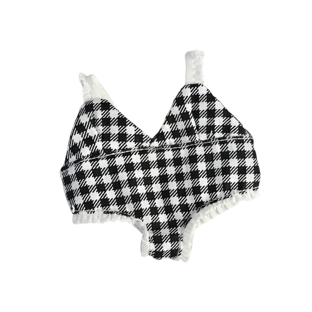 Black and white checkered fabric mini skirt with ruffled trim for 17cm labubu doll summer bikini swimsuit set