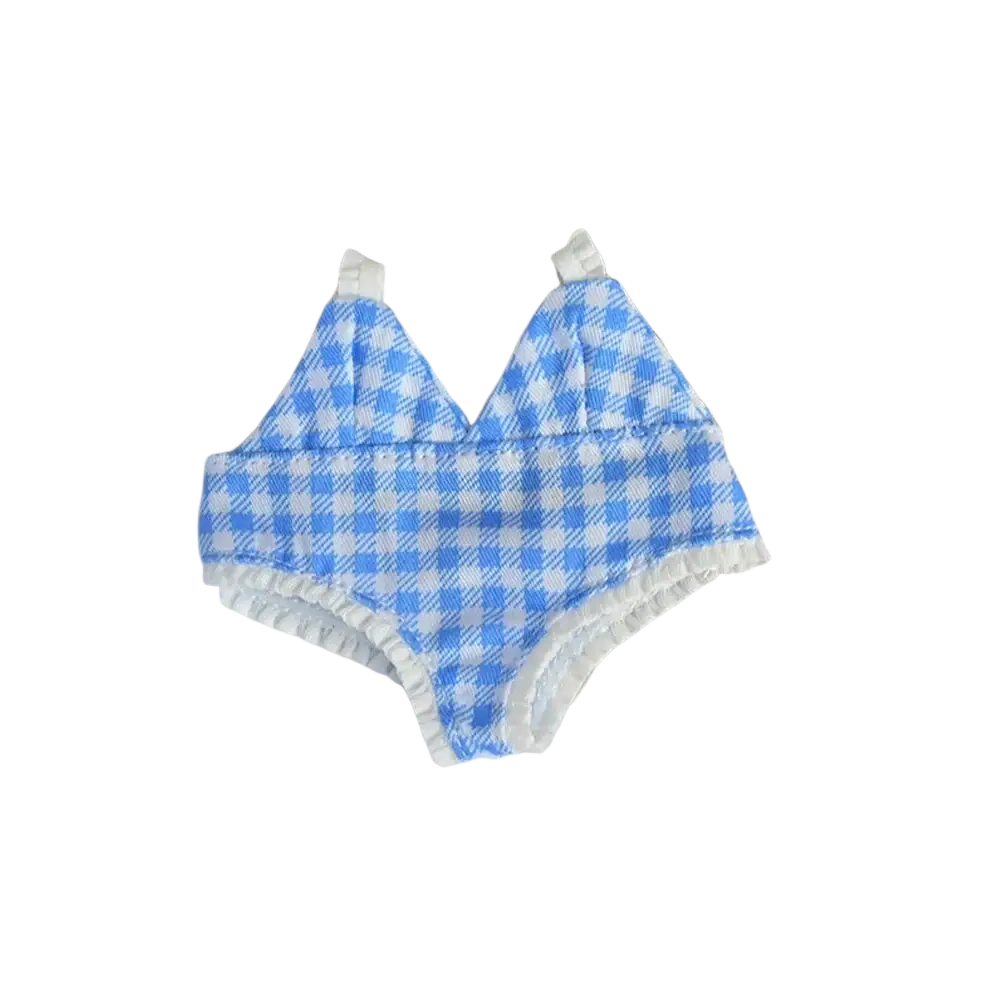 Blue and white checkered miniature bikini with ruffled trim for 17cm labubu doll summer swimsuit set