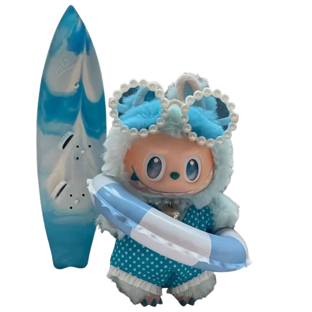 Blue and white 17cm labubu doll plush toy wearing pearl headpiece and polka-dot summer bikini with inflatable float