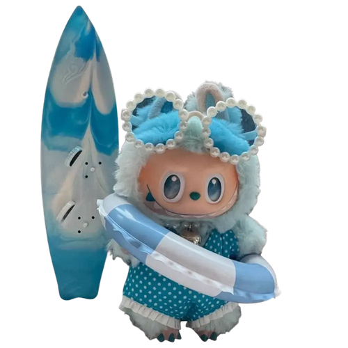 Blue and white 17cm labubu doll plush toy wearing pearl headpiece and polka-dot summer bikini with inflatable float