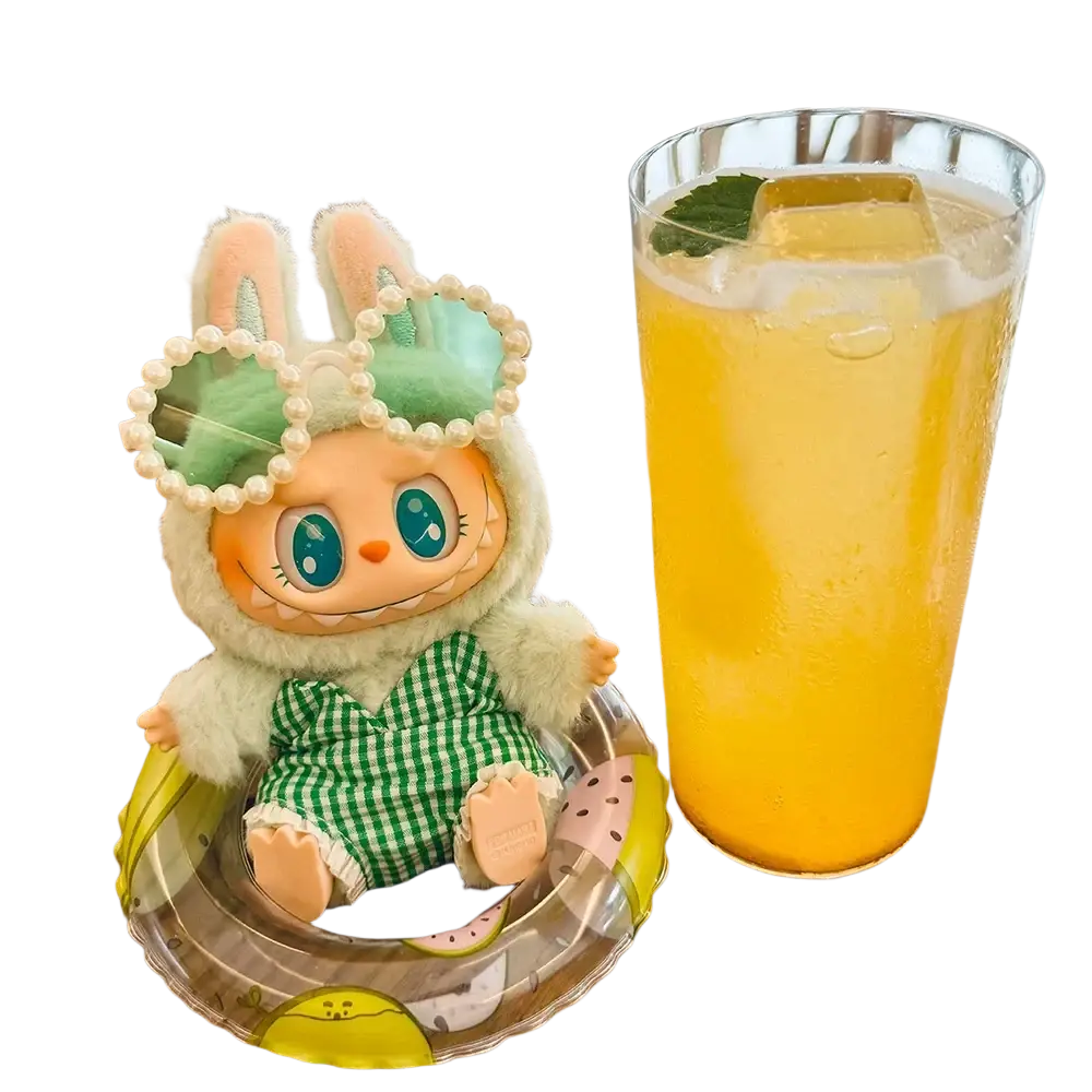 Cute bunny-themed 17cm labubu doll wearing a mint green hooded outfit with pearl-trimmed ears and checkered dress