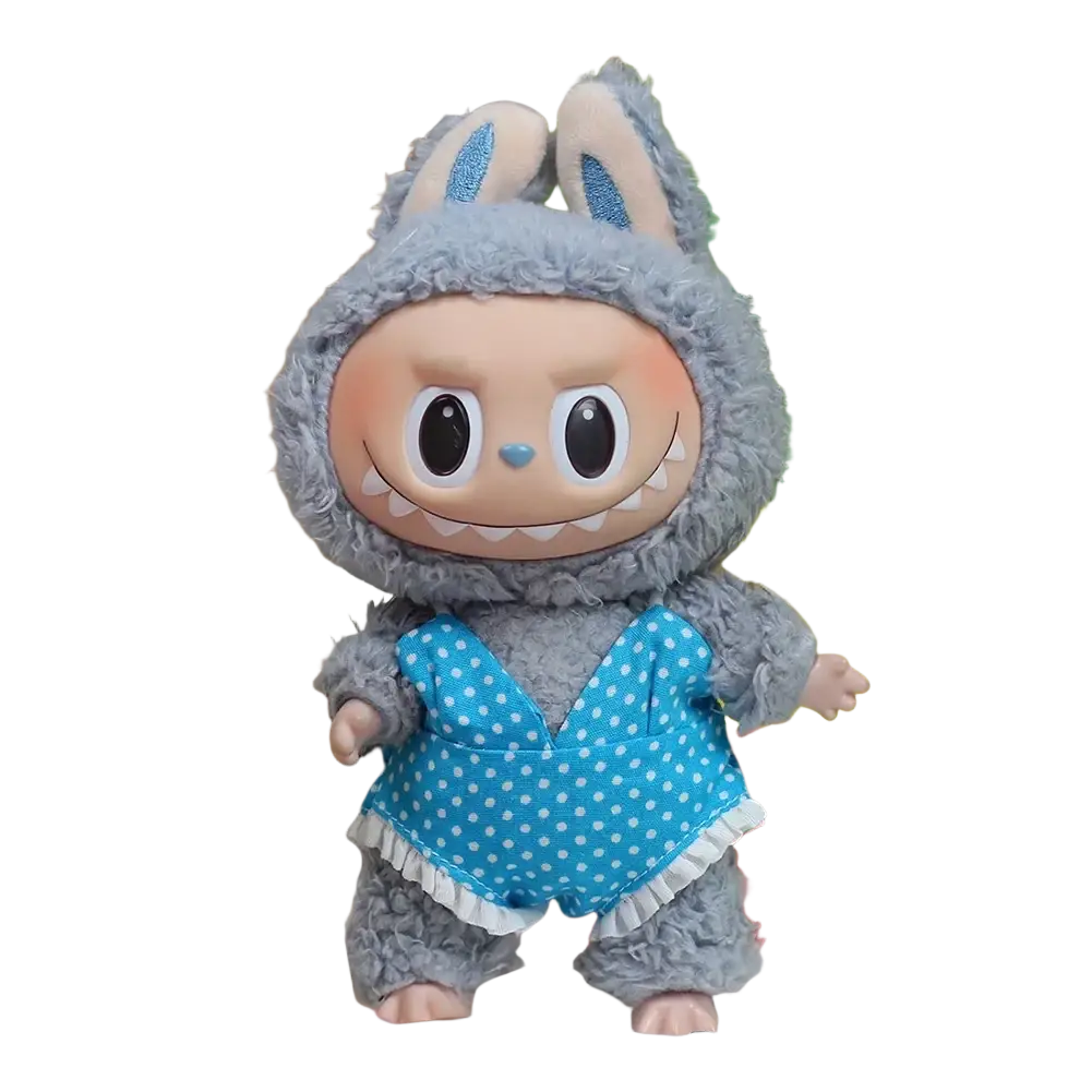 Gray fuzzy bunny-themed 17cm labubu doll wearing a blue polka-dot summer bikini swimsuit set with white ruffles