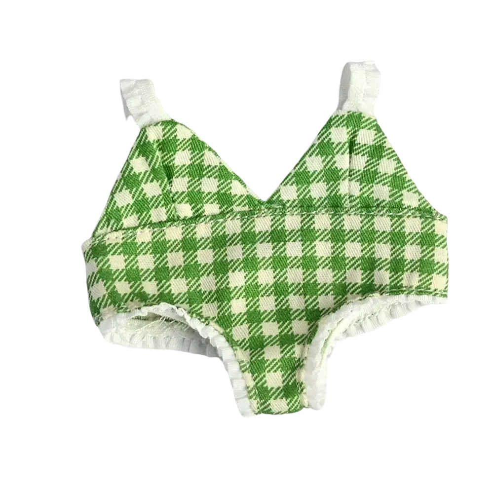 Green and cream checkered fabric bikini top with white ruffled trim for 17cm labubu doll summer swimsuit set