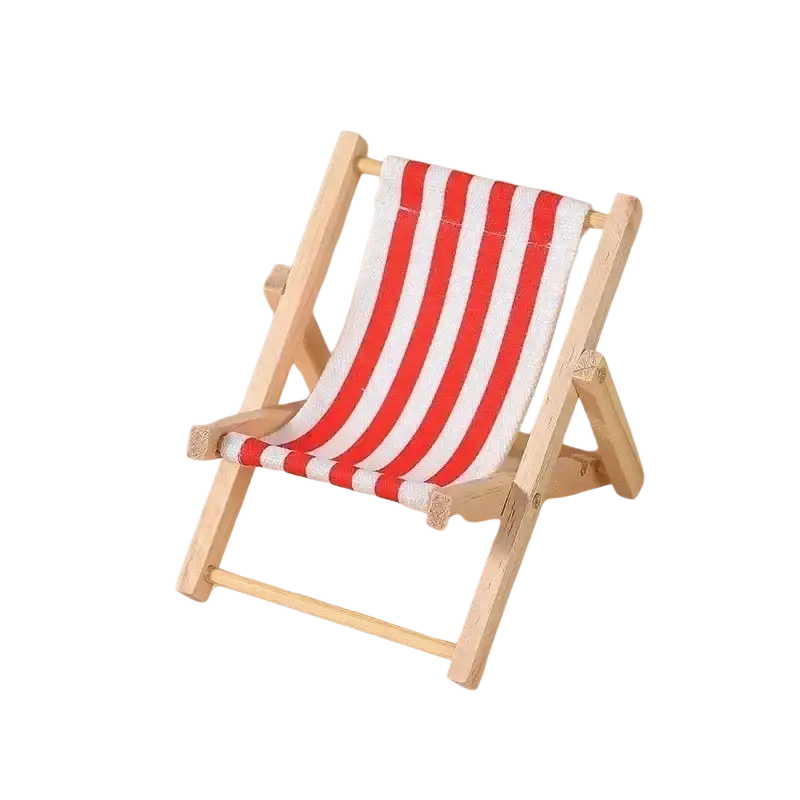 A red and white striped canvas beach chair with a light wood frame for 17cm labubu doll swimwear set accessory