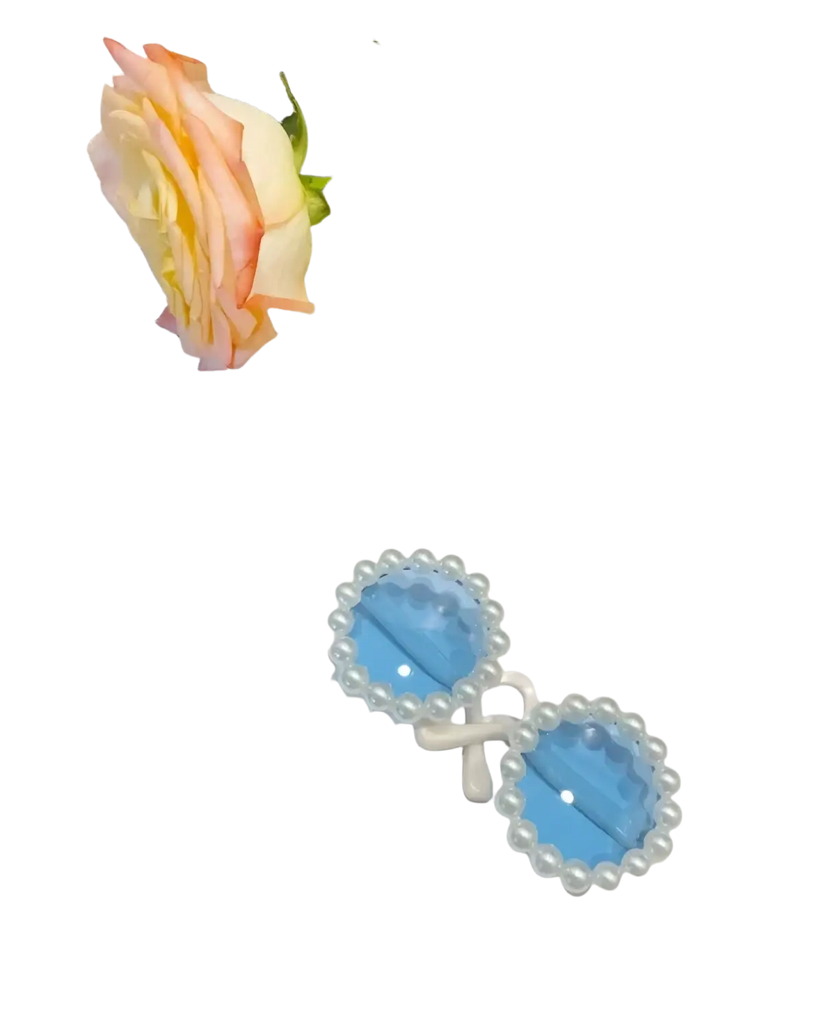 A pair of light blue pearl-edged sunglasses with a white cross bridge for 17cm labubu doll summer bikini set