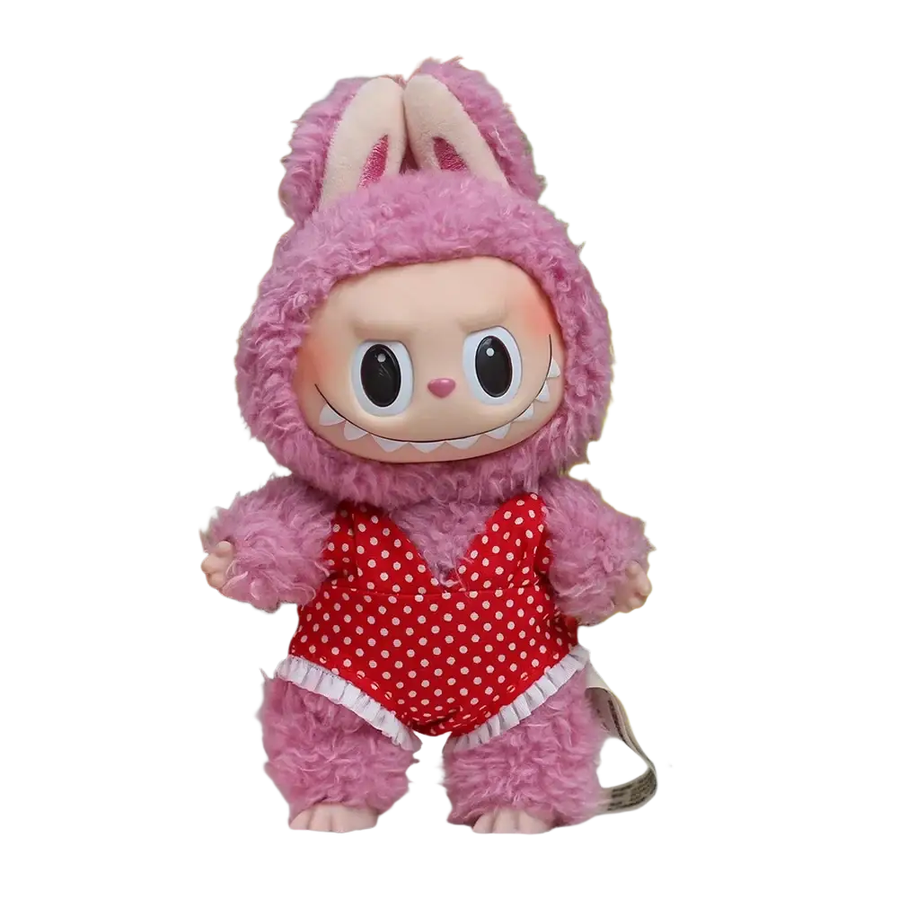 Pink fluffy bunny plush toy labubu doll wearing red polka-dot swimsuit from 17cm labubu doll summer bikini set