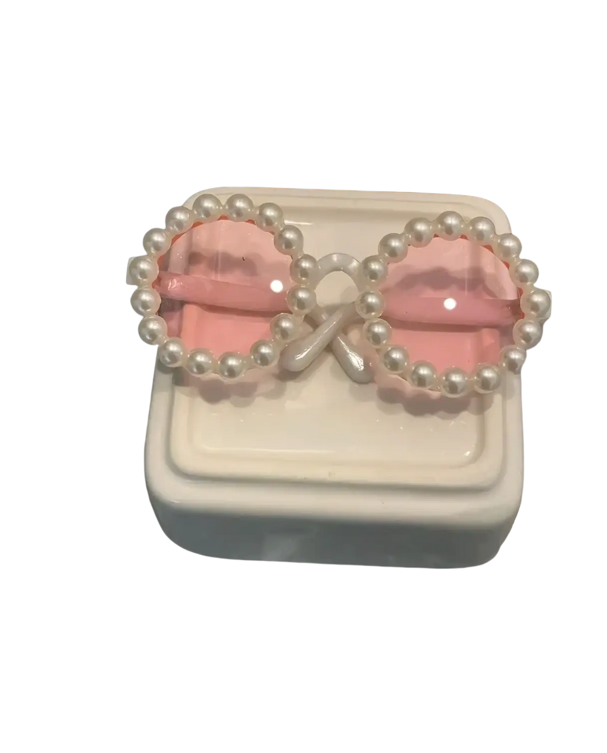 Pink heart-shaped sunglasses with white pearl detail for 17cm labubu doll summer bikini swimsuit set accessory
