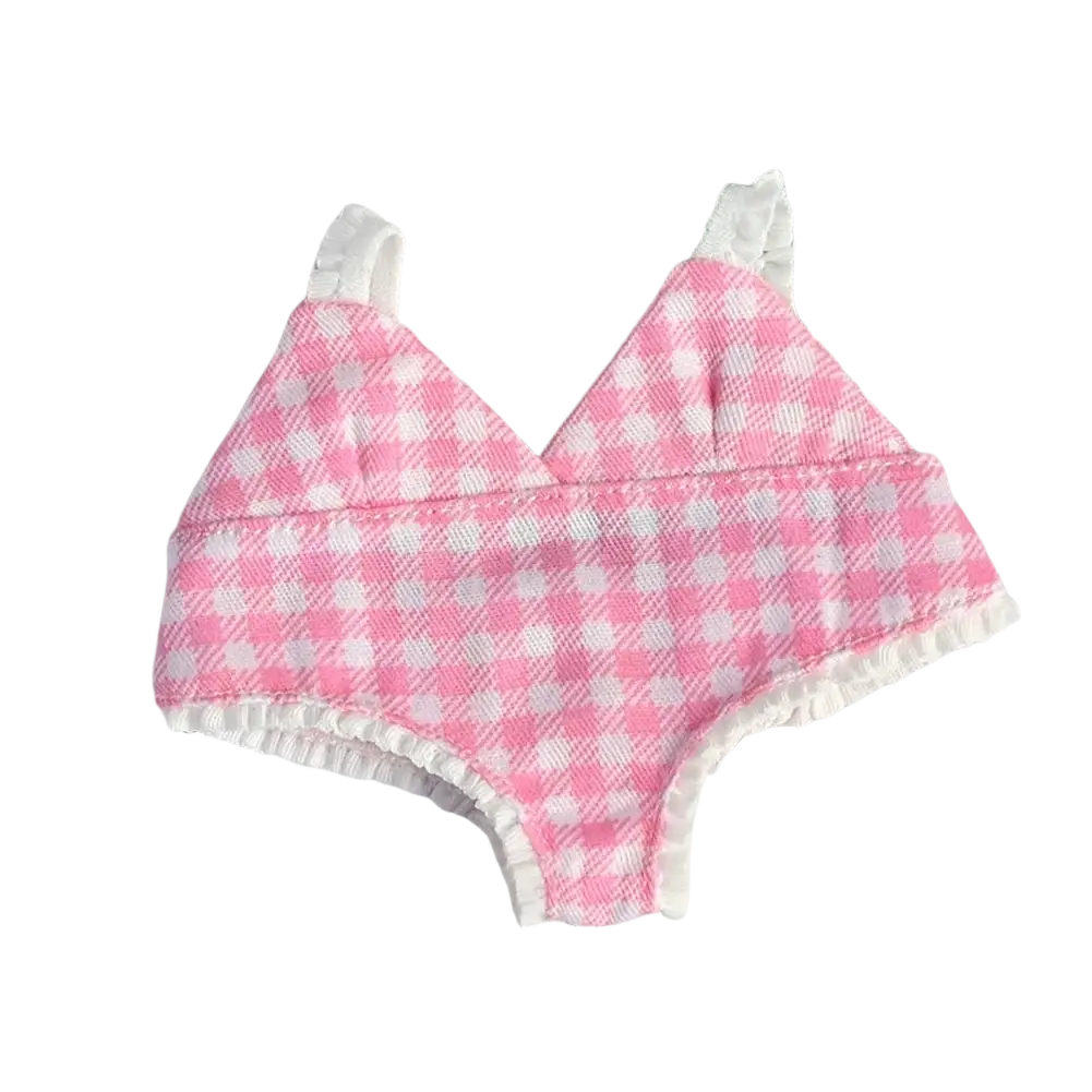Pink and white gingham check fabric baby bib with ruffled edges for 17cm labubu doll summer bikini swimsuit set