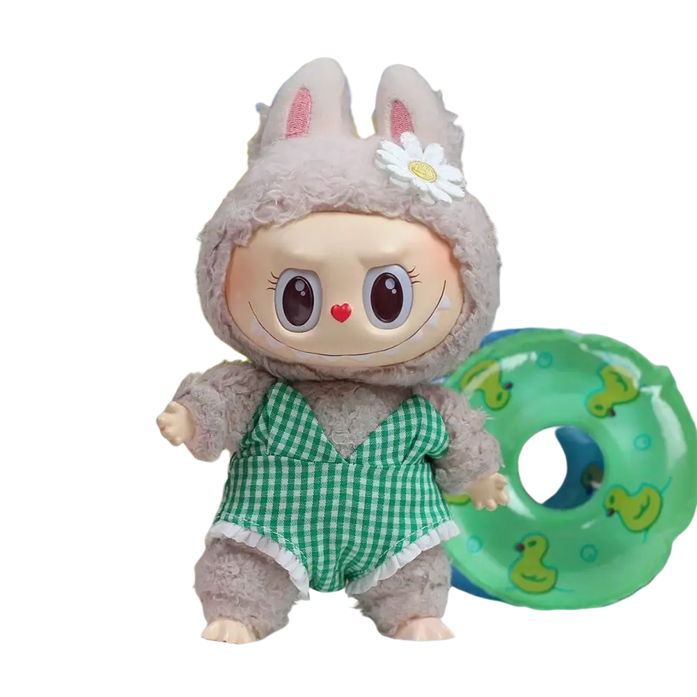 A 17cm labubu doll plush bunny wearing a green and white checkered swimsuit with lace trim summer bikini set