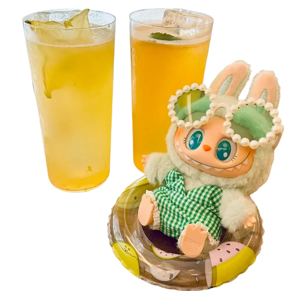 A 17cm labubu doll plush figurine with mint-green hair pearl headband and green checkered outfit in a clear container