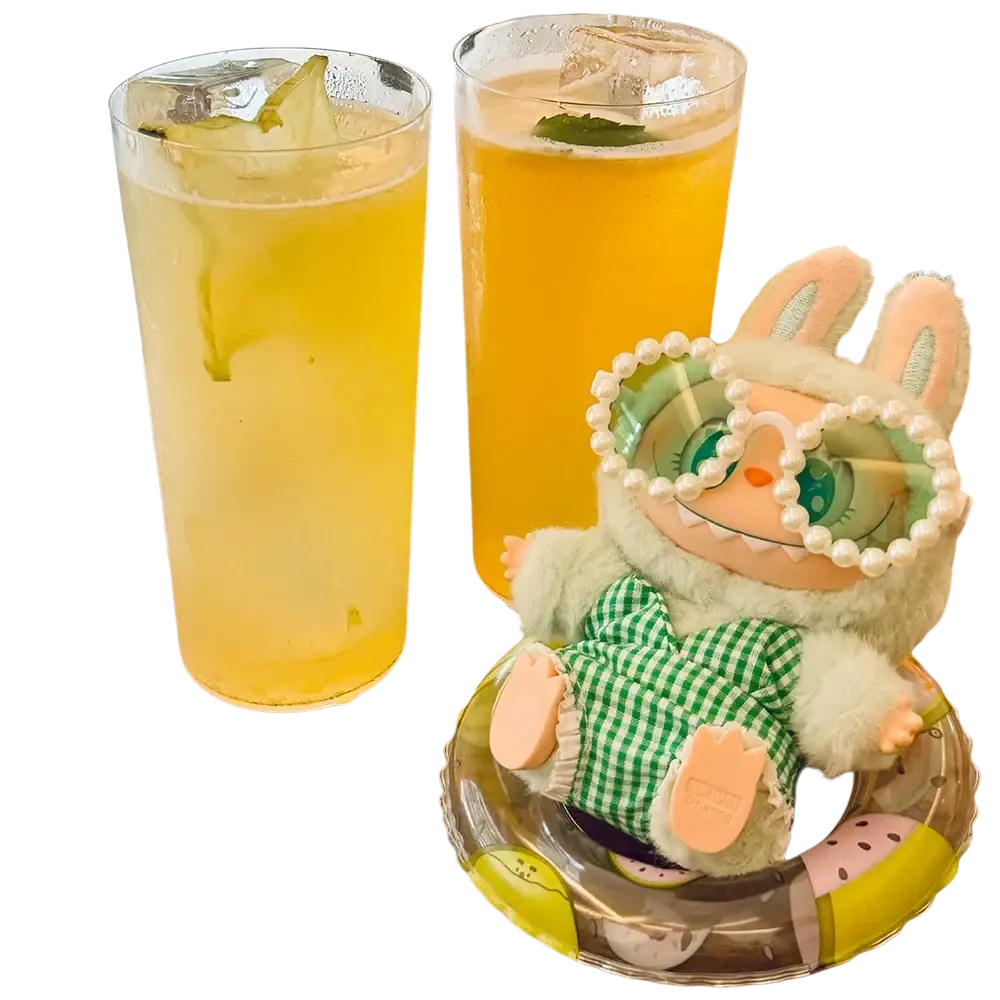 A 17cm labubu doll plush bunny with pastel fur, green and white checkered pants, and pearl-rimmed glasses