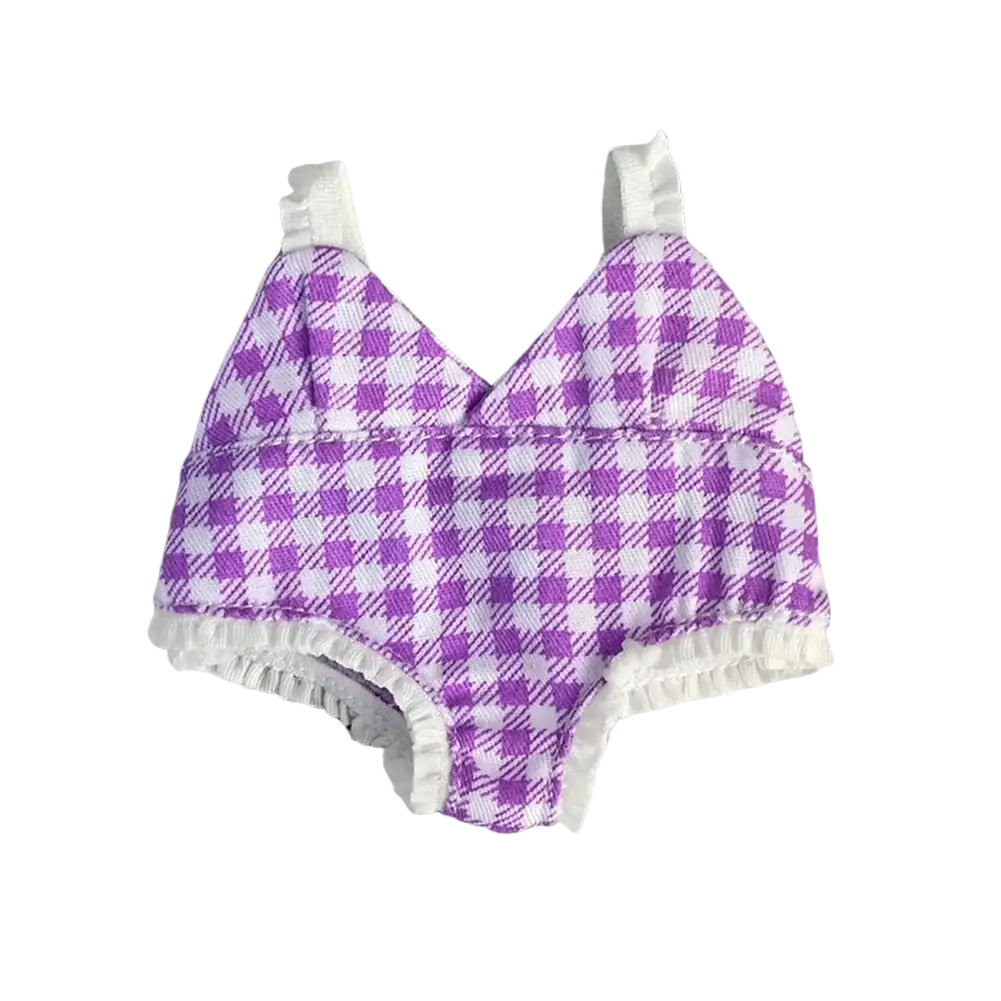 Purple and white checkered doll-sized underwear with ruffled trim designed for 17cm labubu doll swimsuit set