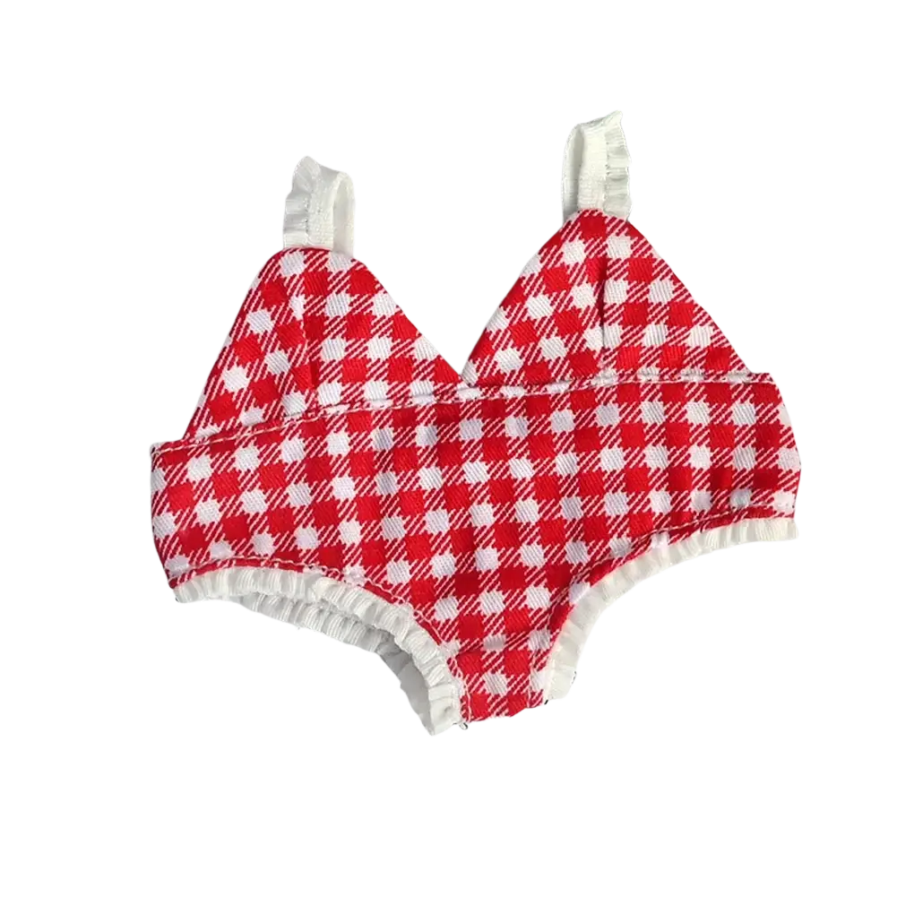 Red and white gingham patterned bralette with ruffled trim for 17cm labubu doll summer bikini swimsuit set