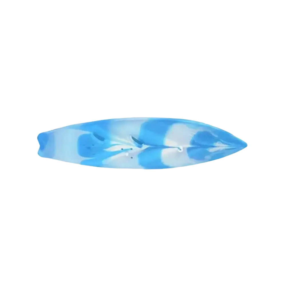 A translucent blue and white camouflage-patterned kayak alongside a 17cm labubu doll summer bikini swimsuit set