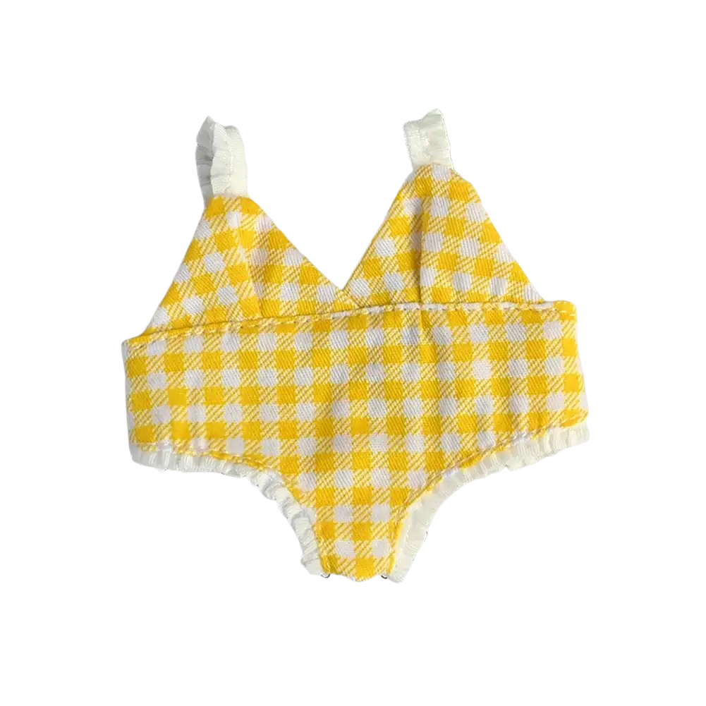 Yellow and white gingham patterned baby bib with soft frayed edges for 17cm labubu doll summer bikini swimsuit set