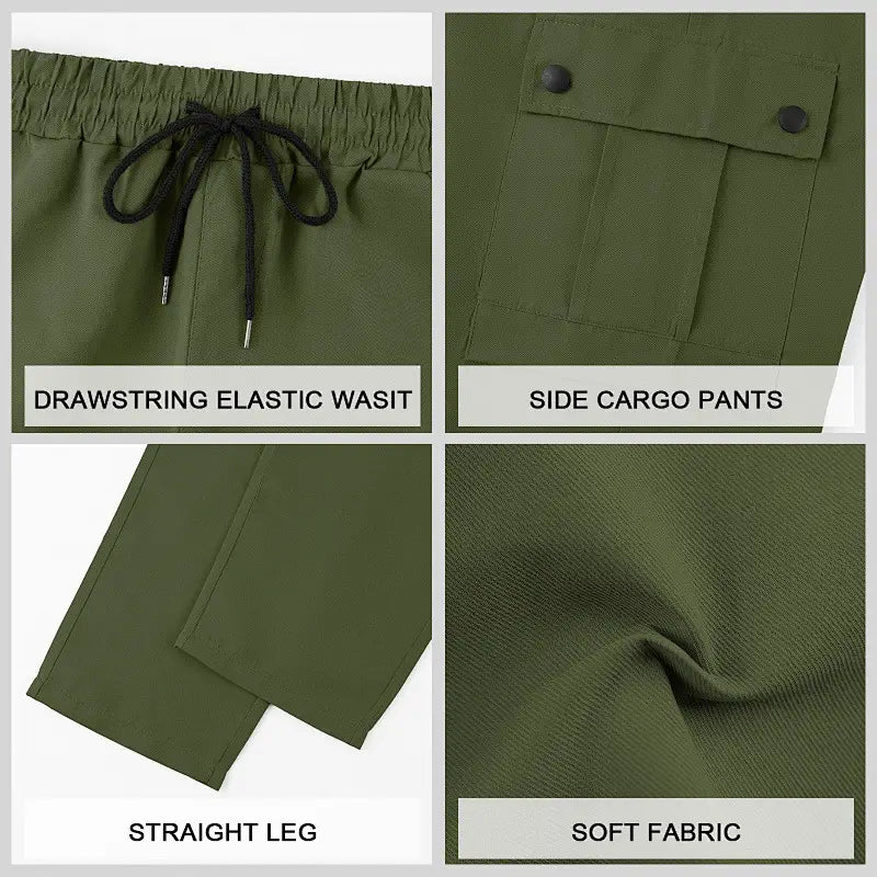 Mens straight leg cargo work pants in olive green featuring side cargo pockets a drawstring elastic waist and straight legs made from soft fabric.