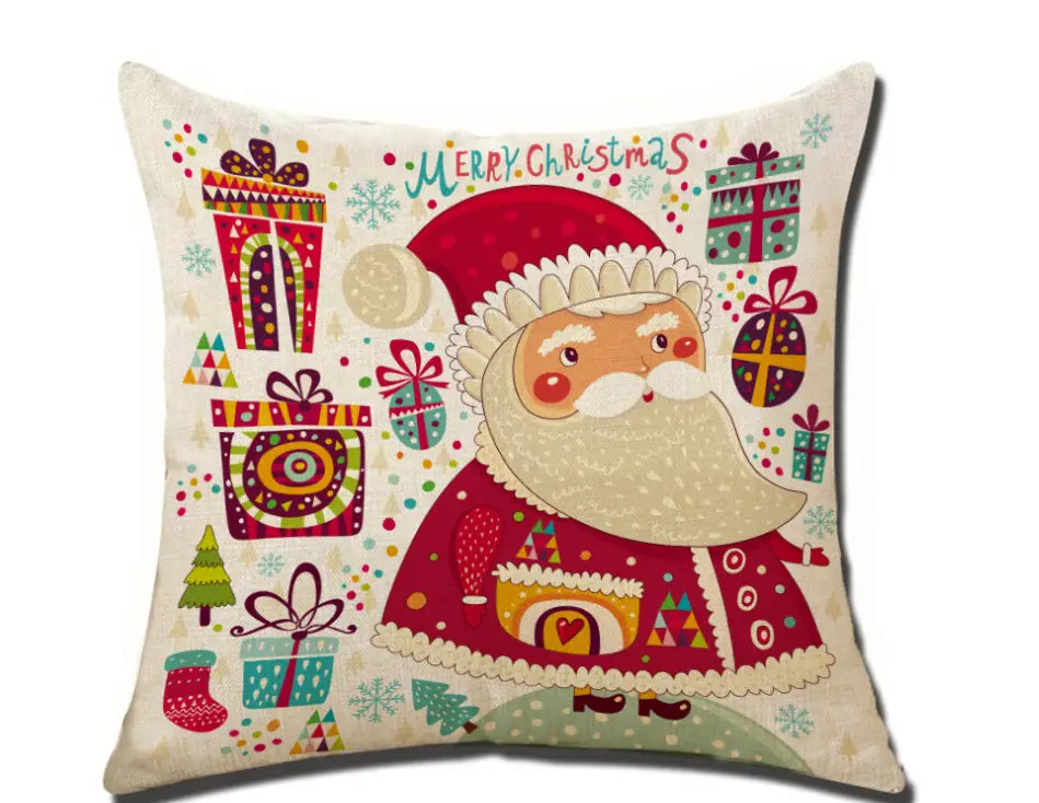 A festive cream-colored linen Christmas throw pillow featuring a cheerful cartoon Santa Claus in red and beige attire surrounded by colorful gift boxes snowflakes and trees.