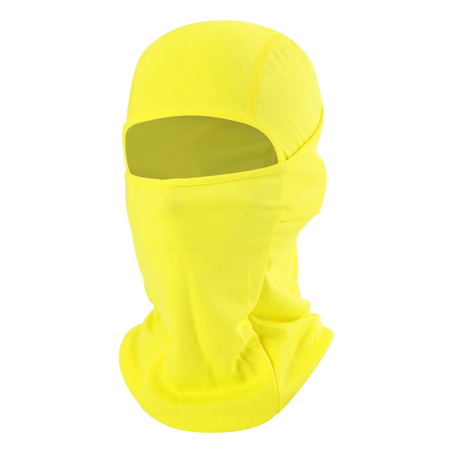 Bright yellow breathable mesh motorcycle balaclava made of lightweight fabric with a single eye opening for sun protection.