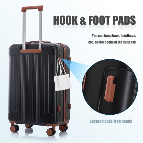 black hard-shell abs spinner suitcase with brown accents and wheels featuring tsa lock from a 3 piece luggage set shown from the front side