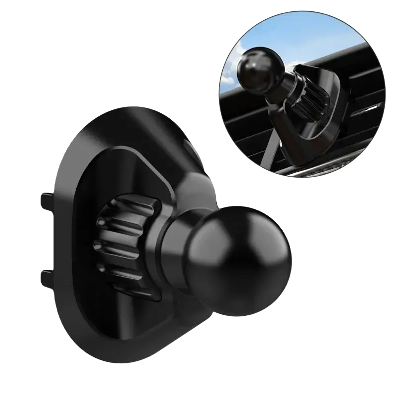 Black ibudim car air vent mount featuring a 17mm ball head base with spherical ball joint and textured grip for secure attachment