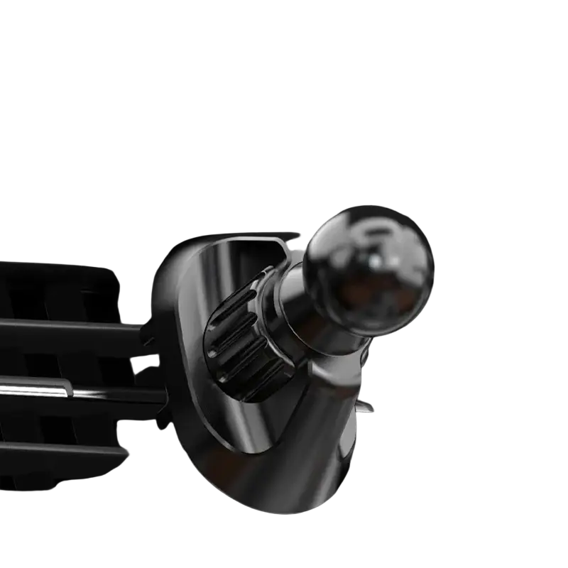 A sleek chrome 17mm ball head base with a spherical top and adjustable clamp for car air vent mount
