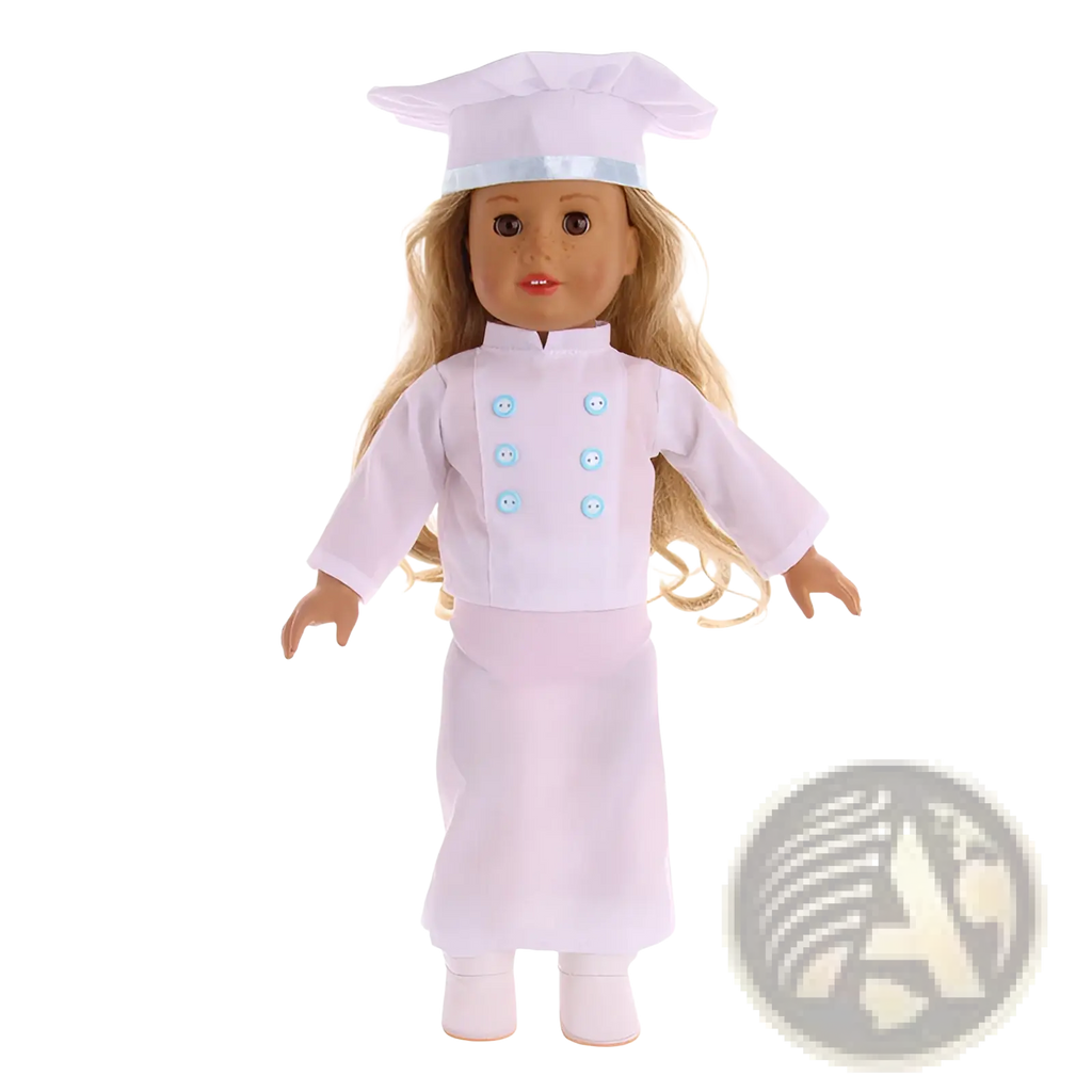 A blonde doll wearing an 18-inch white chef outfit with light blue smiley buttons and matching hat for American Girl