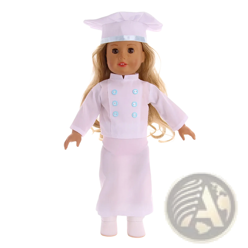 A blonde doll wearing an 18-inch white chef outfit with light blue smiley buttons and matching hat for American Girl