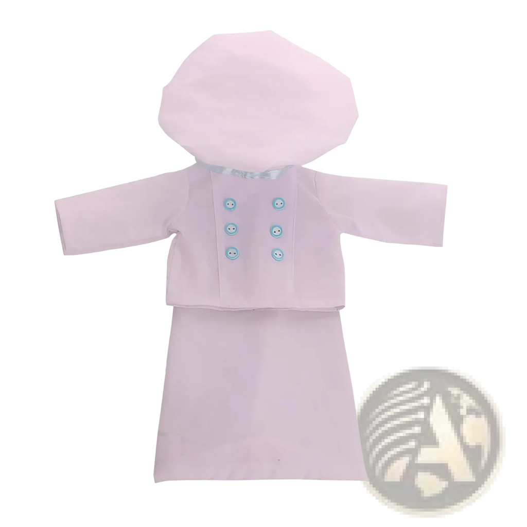 18-inch doll chef outfit with hat in pastel pink featuring light blue smiley face buttons for American Girl dolls
