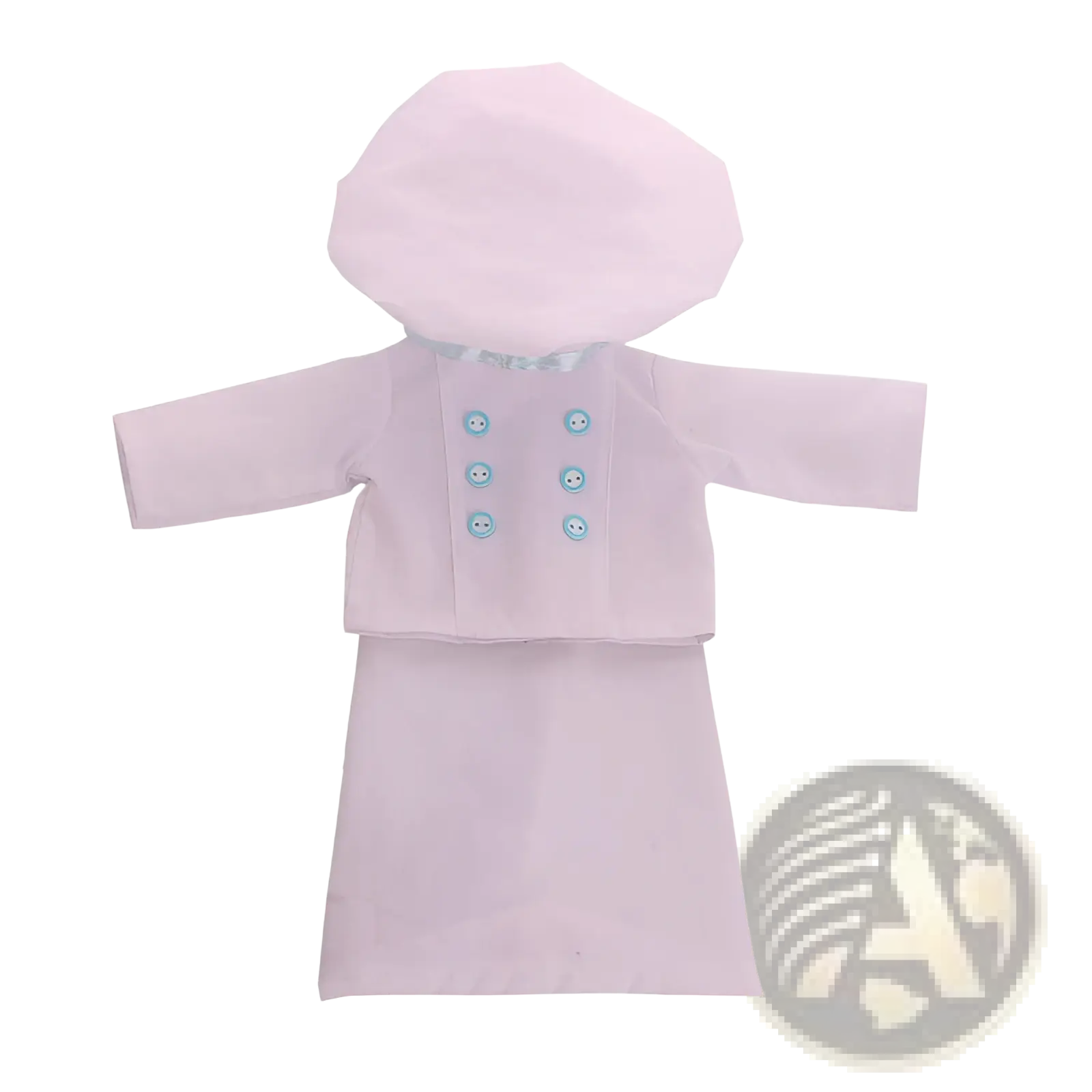 18-inch doll chef outfit with hat in pastel pink featuring light blue smiley face buttons for American Girl dolls